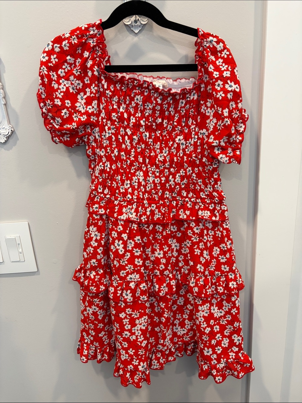 Truly Me Red White Floral Smocked Puff-Sleeve Dress
